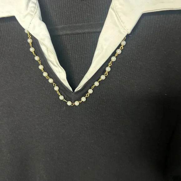 August Silk Black Silk Blend Collared Faux Pearl Beaded Accents V Neck Sweater - Picture 5 of 7